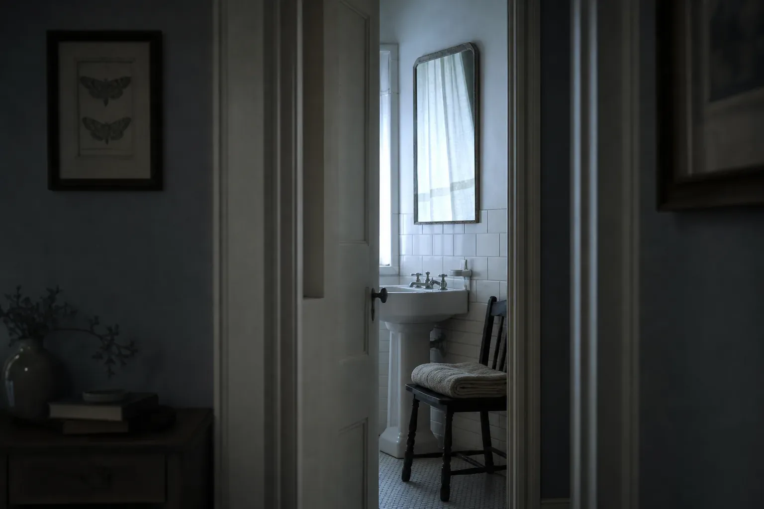 Quiet tiled bathroom with soft morning light