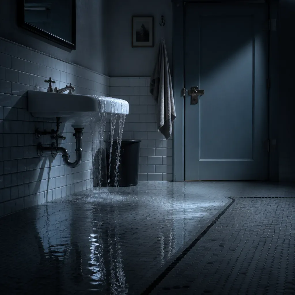 Flooded bathroom floor beside a locked stall