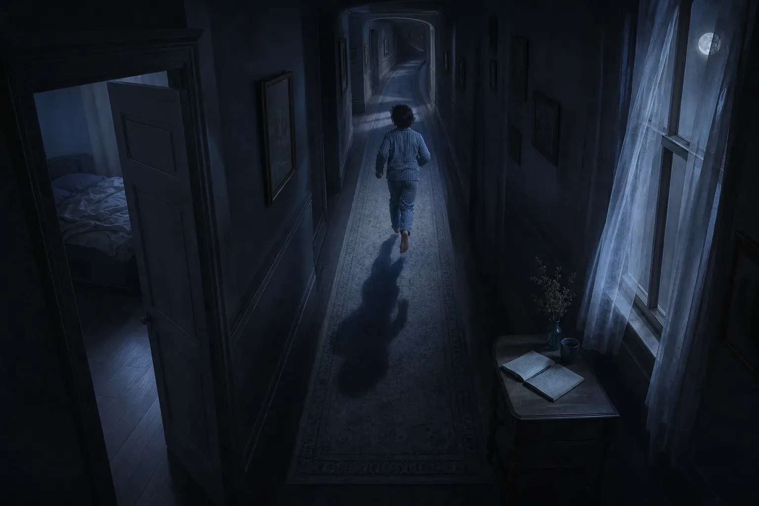 Person running through moonlit hallway in a dream