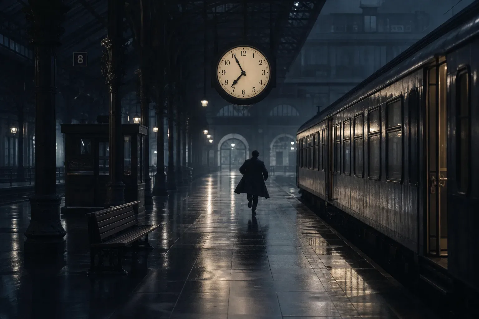 Person running toward a clocklit station platform