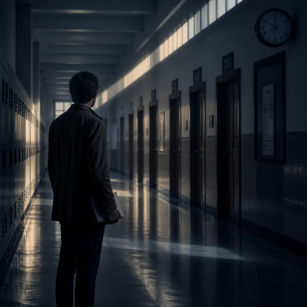 Adult facing classroom doors under a blurred clock