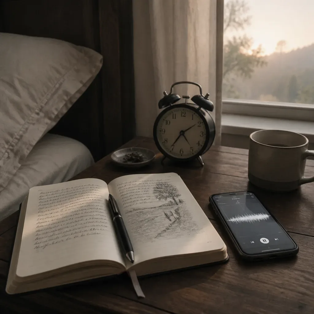 Dream journal beside alarm clock in morning light