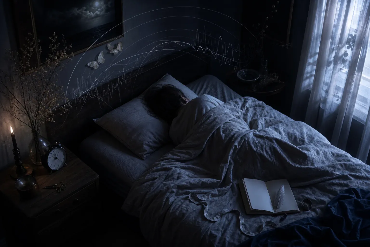 Sleeping figure beside clock and soft waveform lights