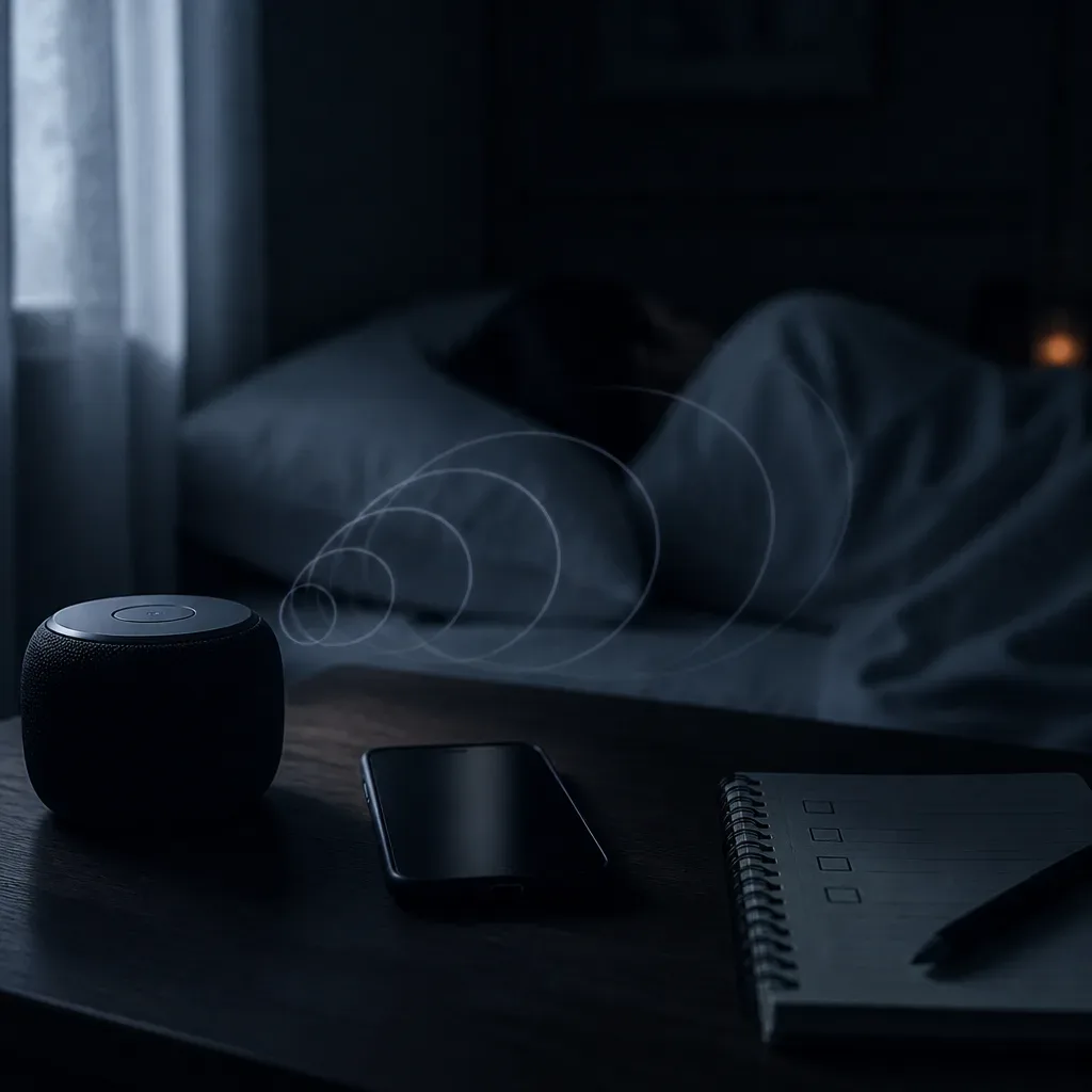 Small speaker sending soft cue beside sleeping dreamer