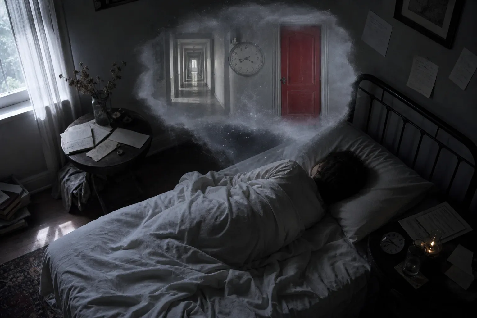 Sleeping person beside monochrome dream fragments