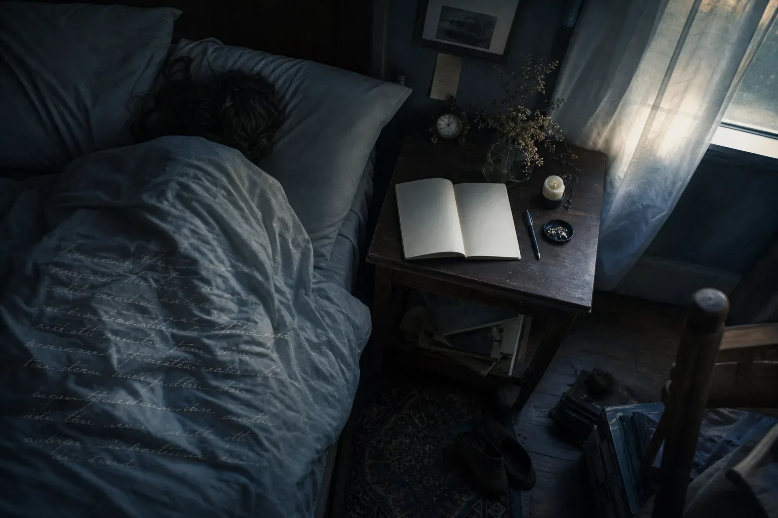 Sleeping figure beside a notebook and morning window