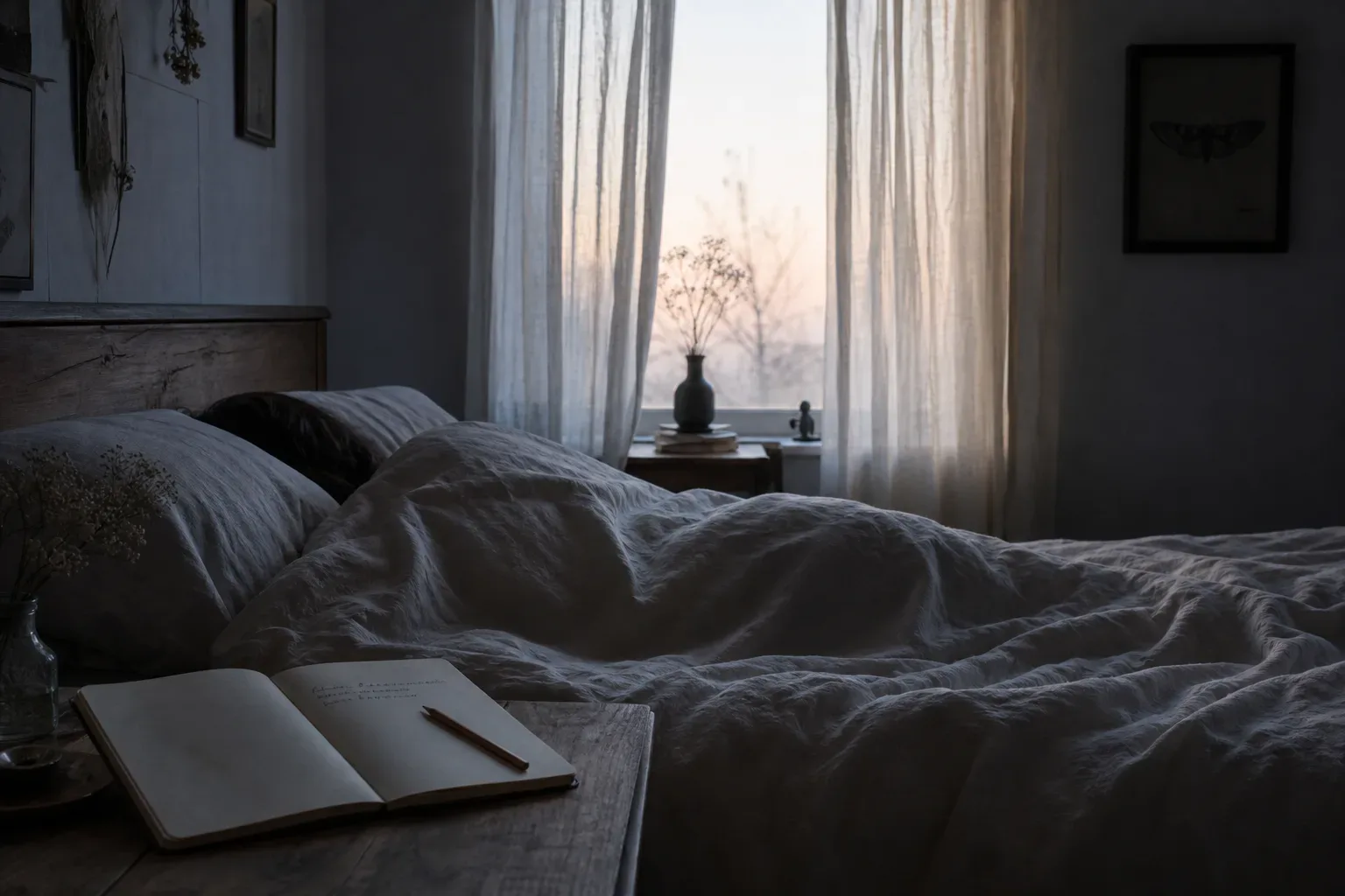 Sleeper beside notebook under soft morning light
