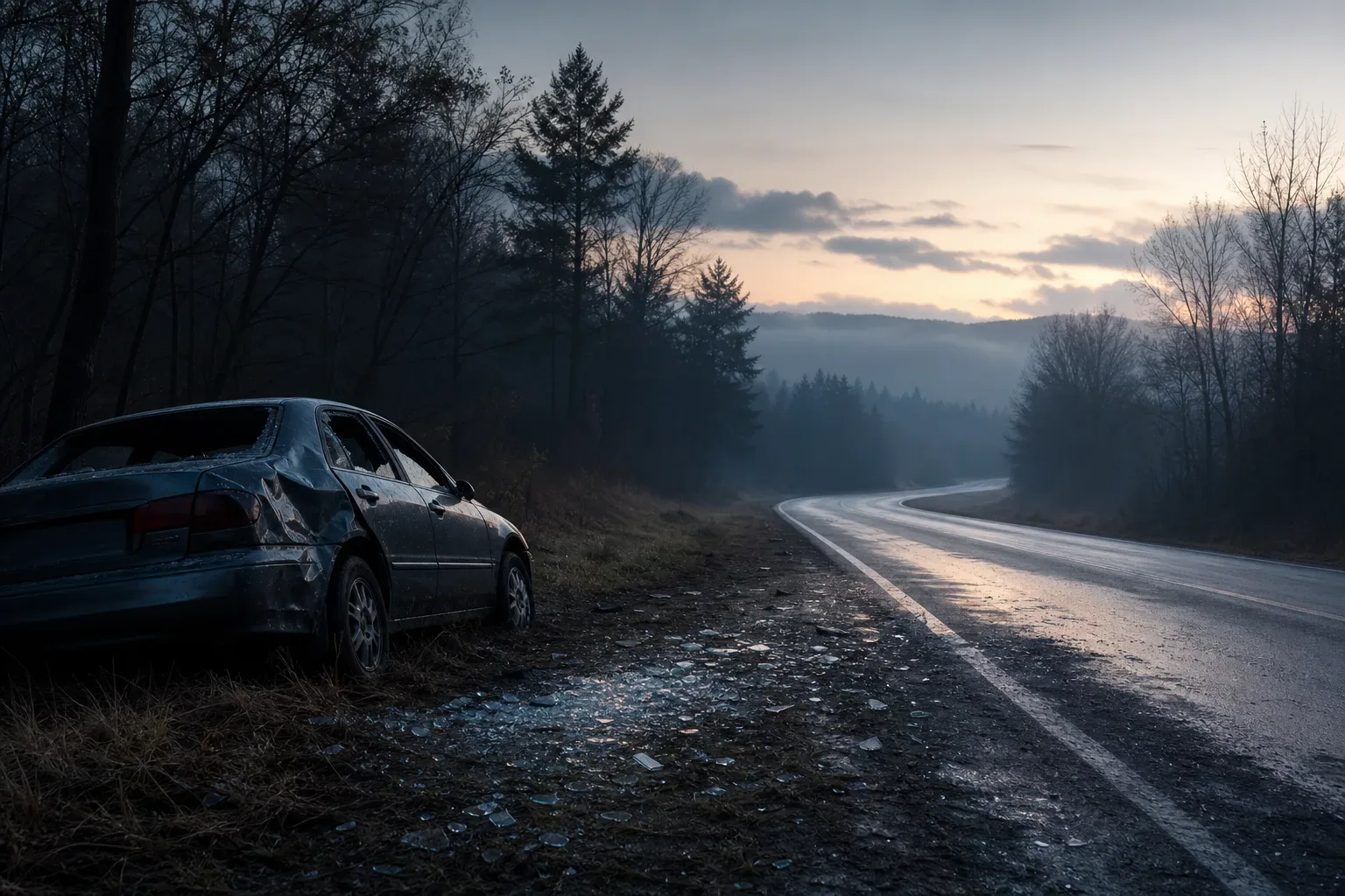 Dream road with a damaged car at dawn