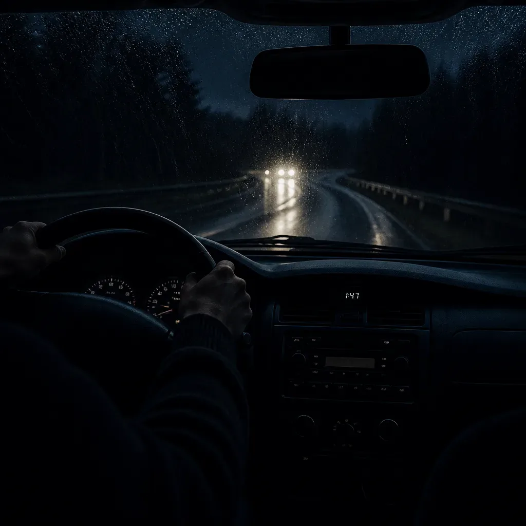 Driver gripping wheel on a rainy dream road