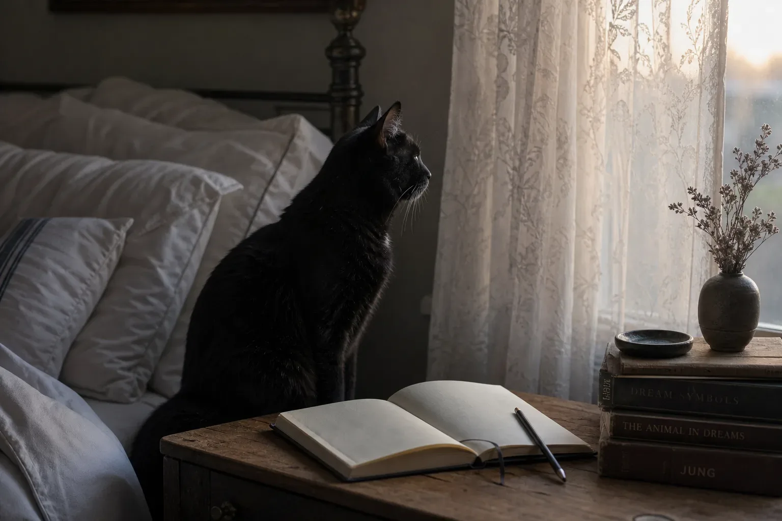 Black cat sitting beside a notebook at dawn