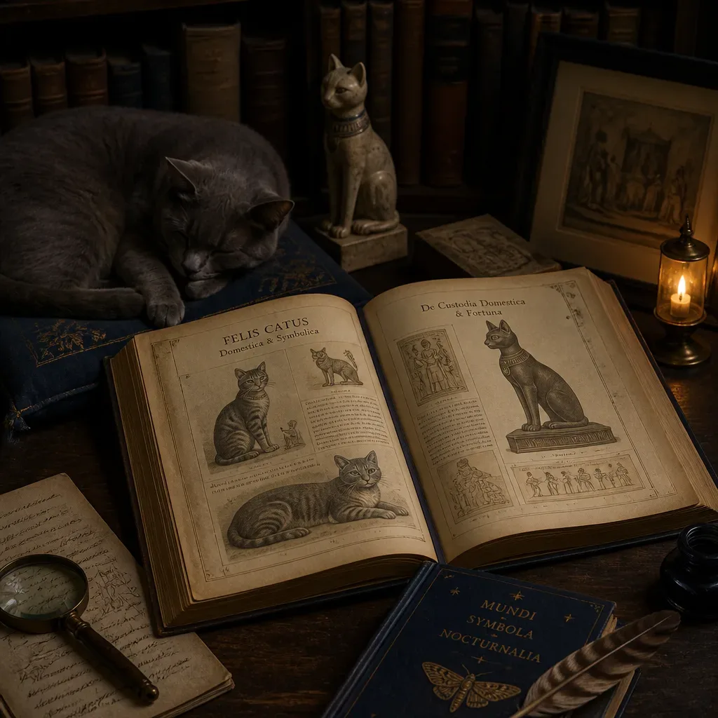 Gray cat beside an old folklore book