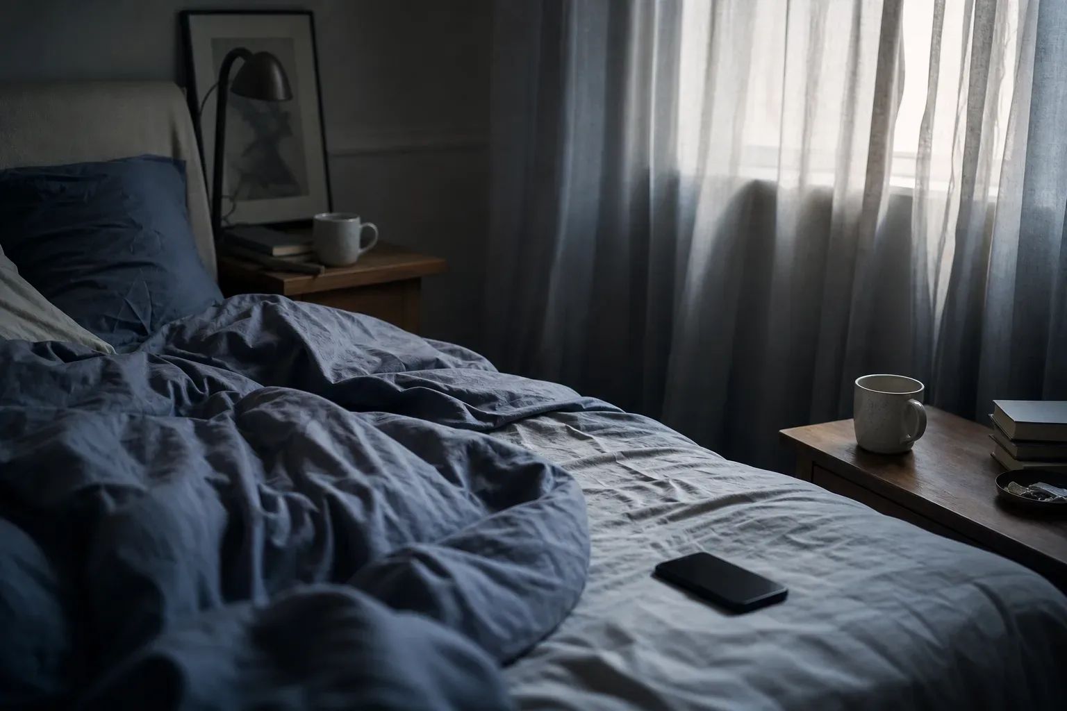 Unmade bed beside two separate morning coffee cups
