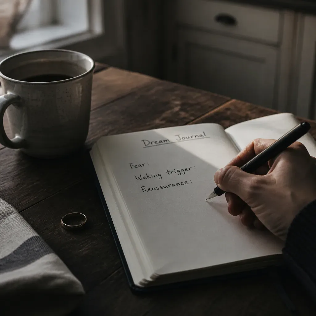 Dream journal prompt beside coffee in morning light