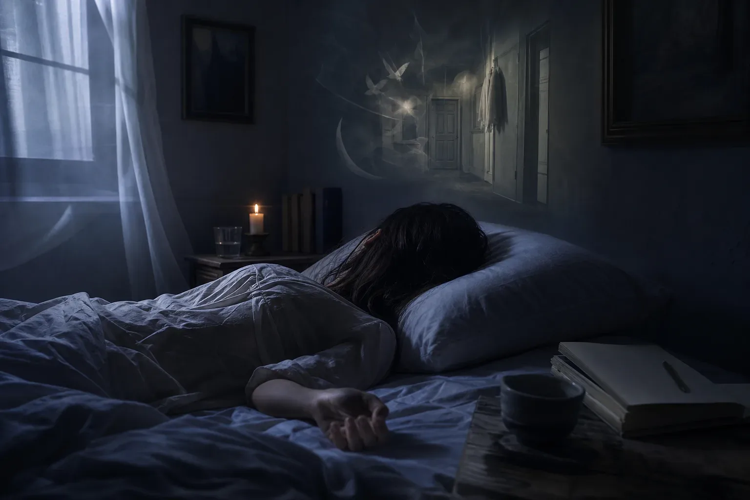 Sleeper waking softly beside a dim morning window