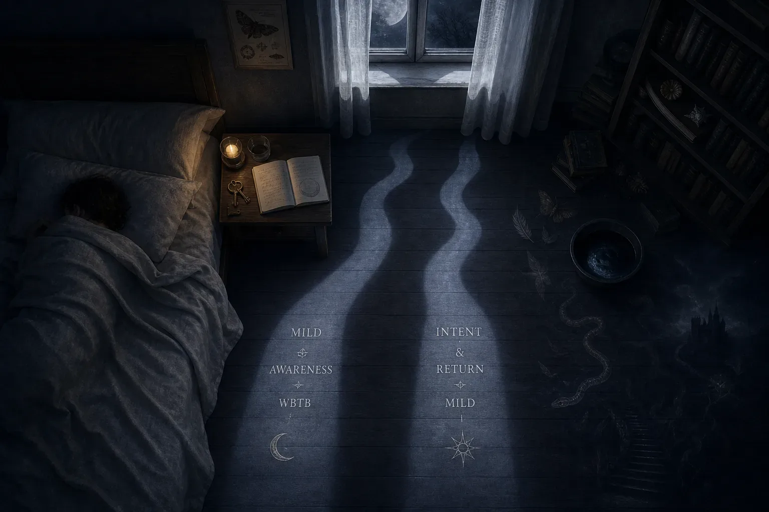 Sleeper beside moonlit notebook and two dream paths