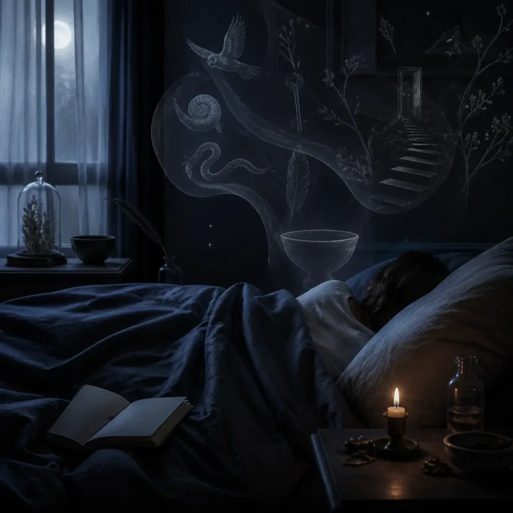 Sleeper resting beneath soft hypnagogic shapes