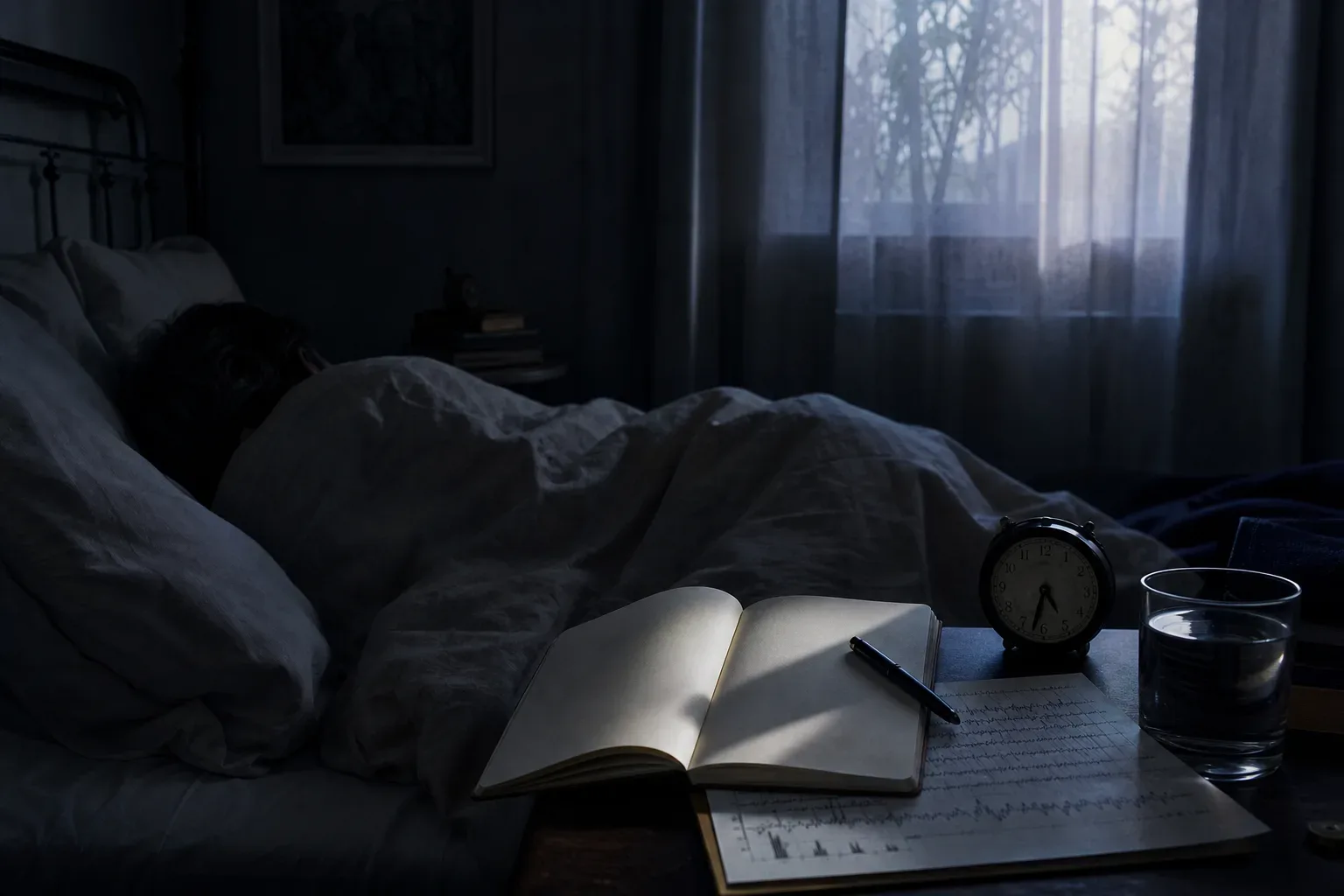 Open notebook beside a sleeping person at dawn