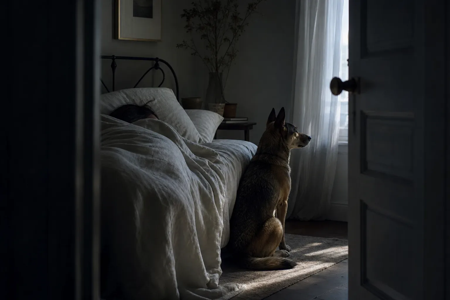 Sleeping person with watchful dog beside the bed