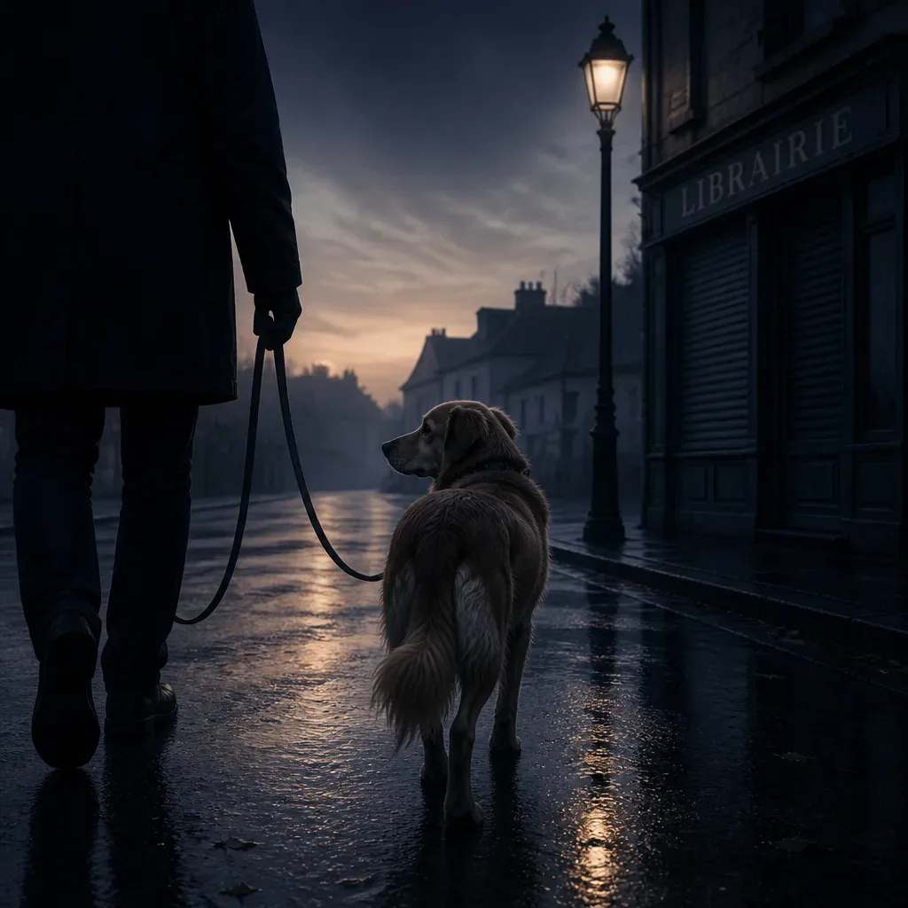 Friendly dog walking beside dreamer at dawn