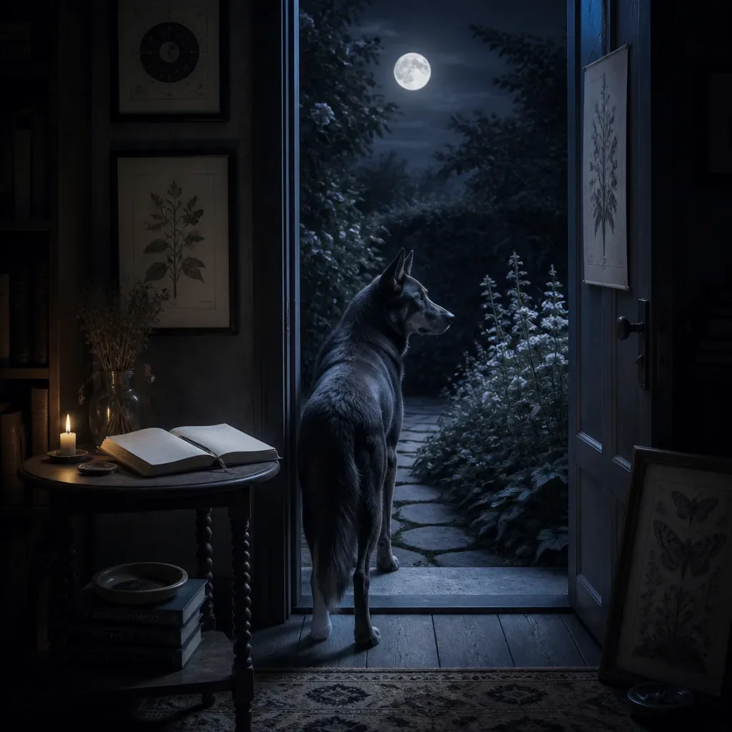 Guardian dog standing at a moonlit threshold