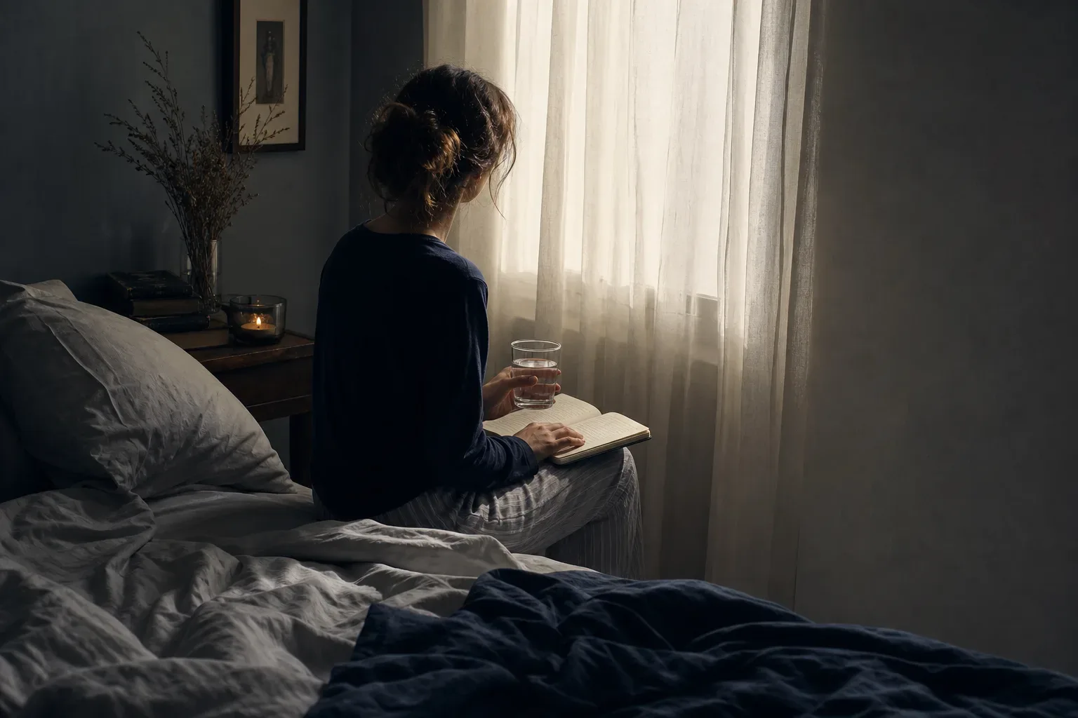 Person writing beside a dim morning window
