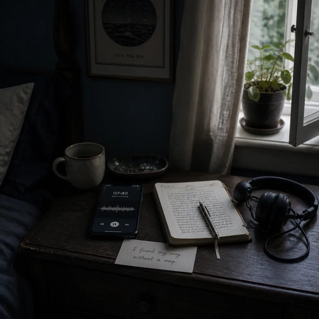 Phone and notebook for morning dream reflection