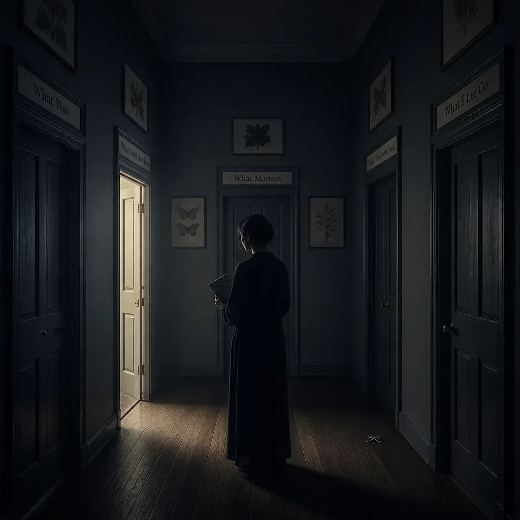 Person choosing among symbolic hallway doors