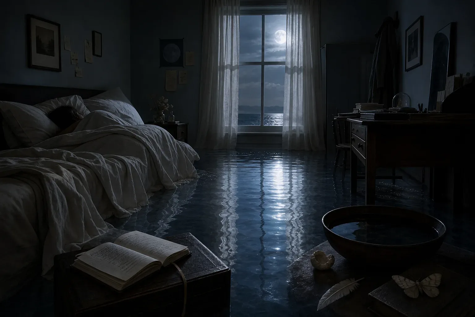 Moonlit water reflecting a sleeping figure