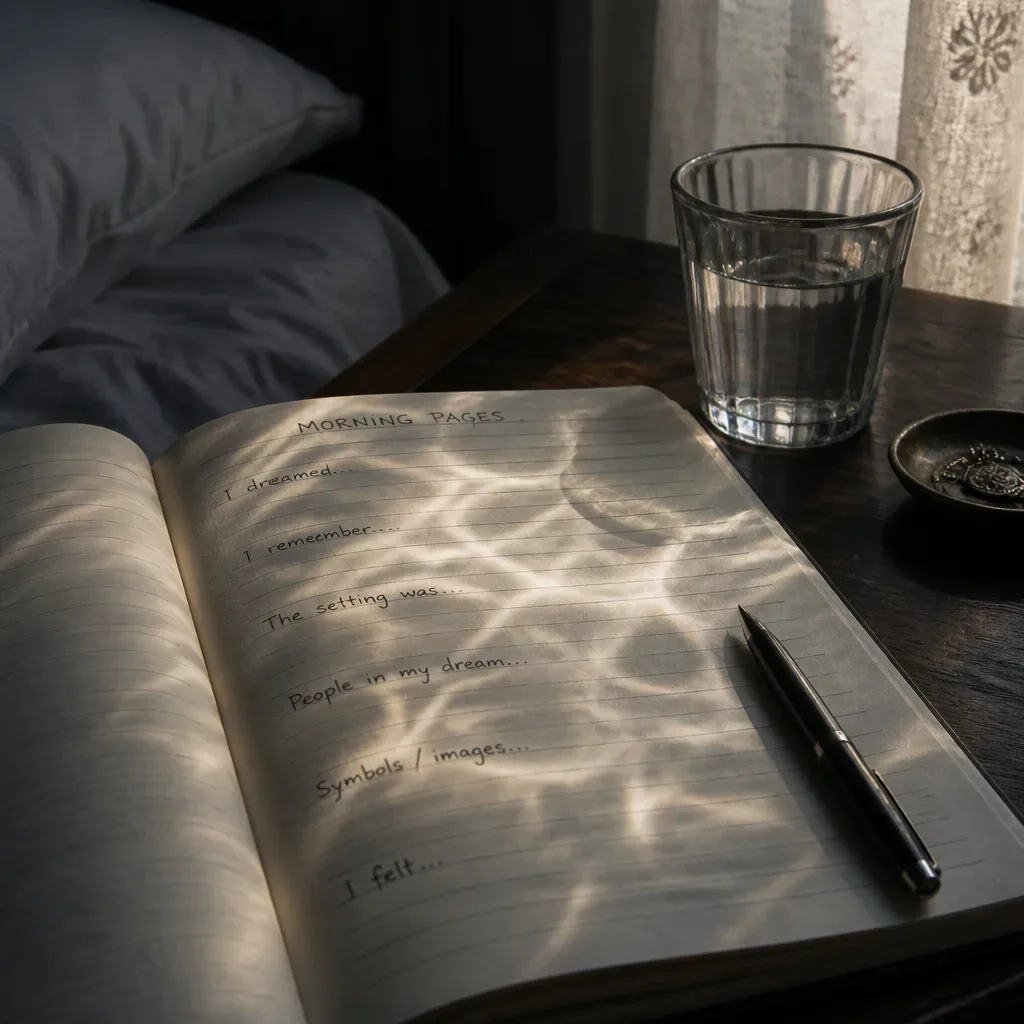 Morning journal beside a glass of water