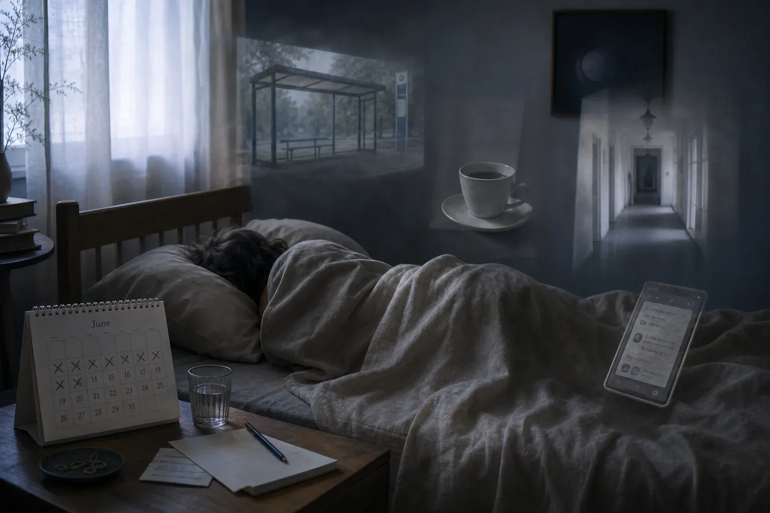 Sleeper beside calendar pages and fading memory fragments