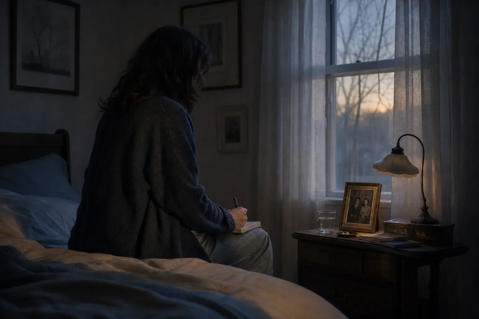 Person writing a grief dream beside dawn window