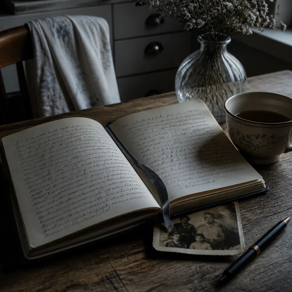 Dream journal beside tea and family photograph