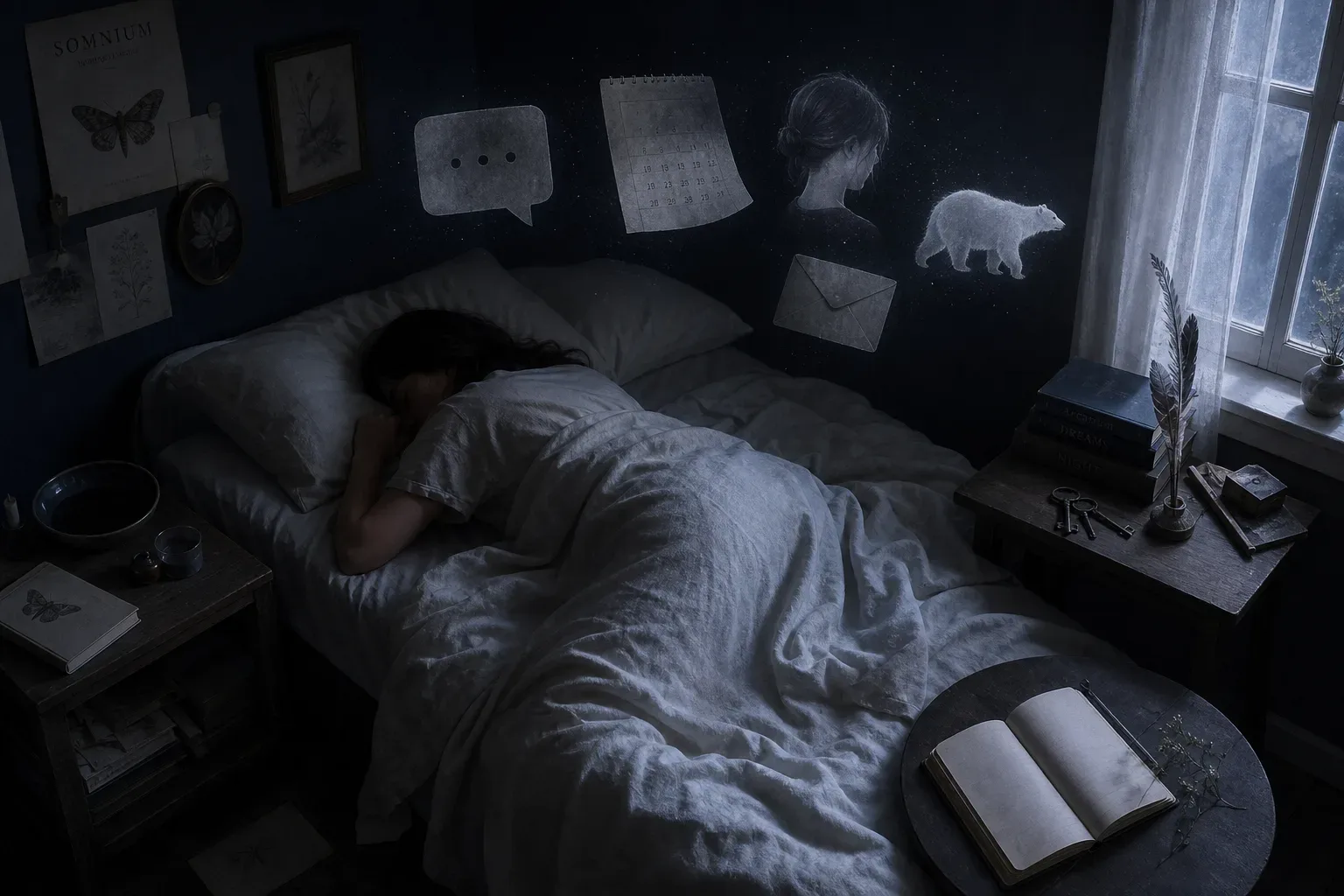 Sleeper beneath floating fragments of avoided thoughts
