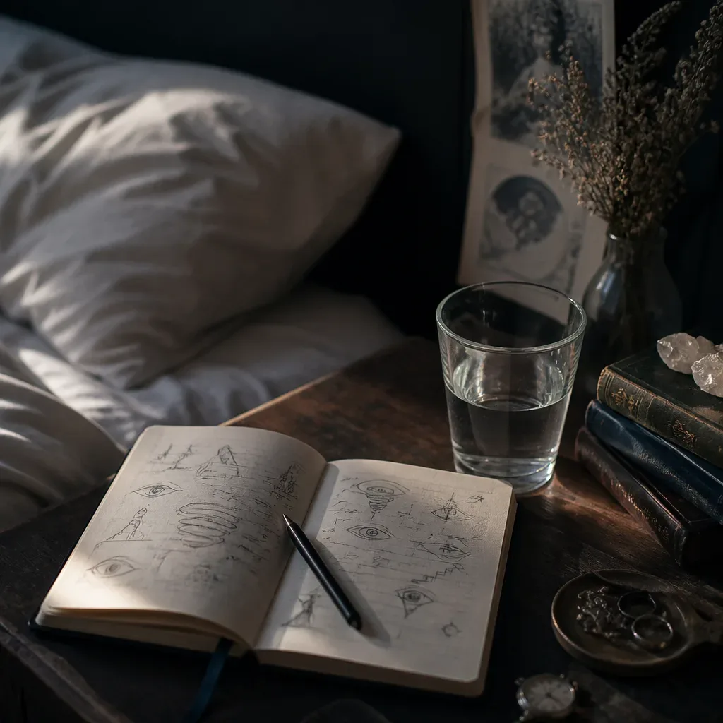 Morning dream journal with notes beside bed