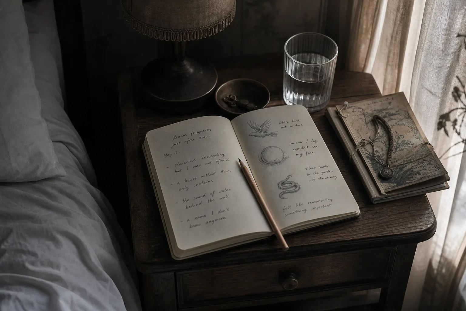 Open dream journal beside a dim bedside lamp