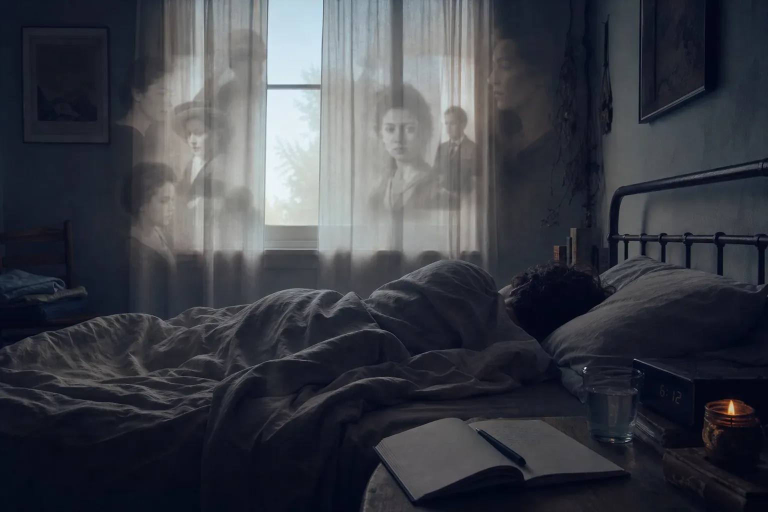 Sleeping figure with remembered faces in moonlit room