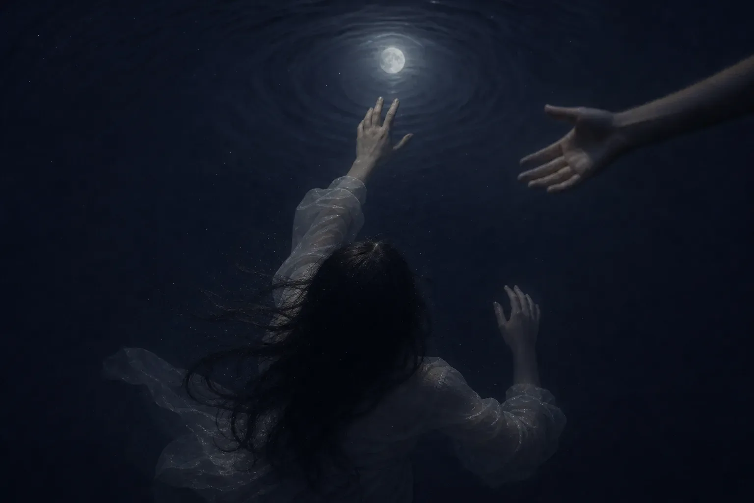 Persona che galleggia sotto l’acqua illuminata dalla luna vicino a mani tese