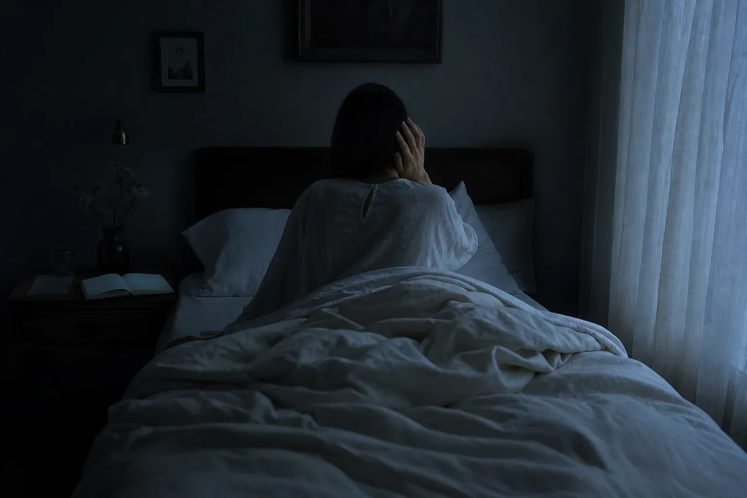 Person awake in bed after hearing a sudden bang