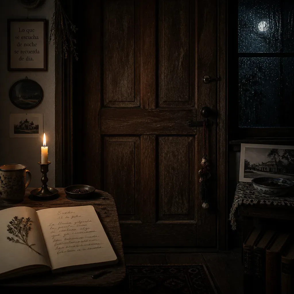 Old door and notebook in a quiet night room