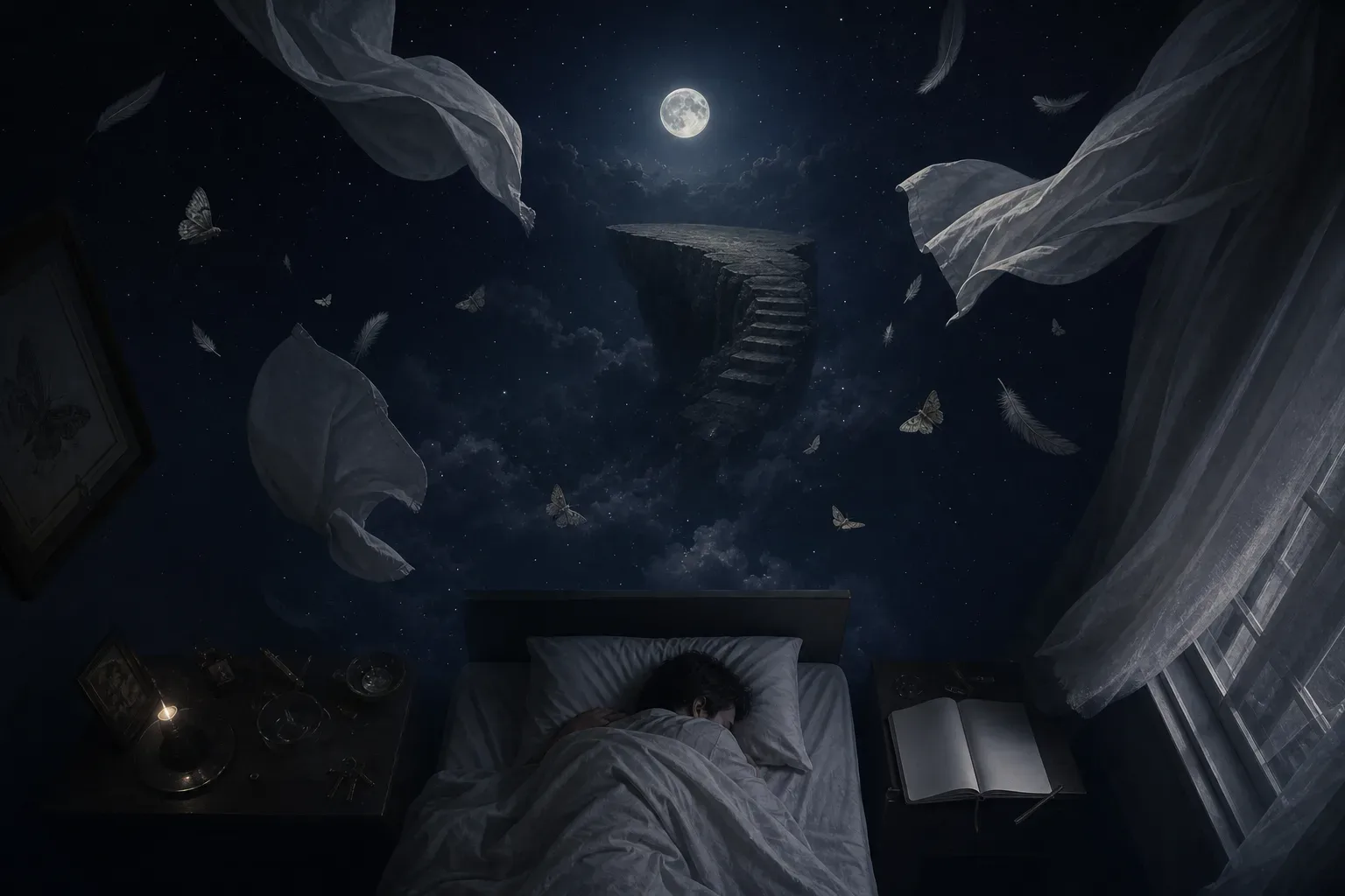 Dreamer falling through a dim open sky