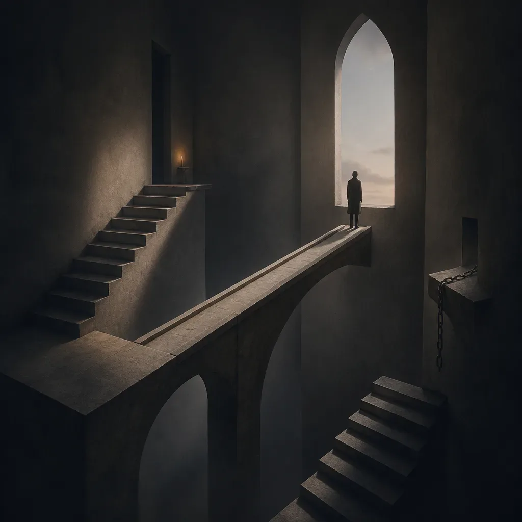 Empty staircase and bridge in a falling dream