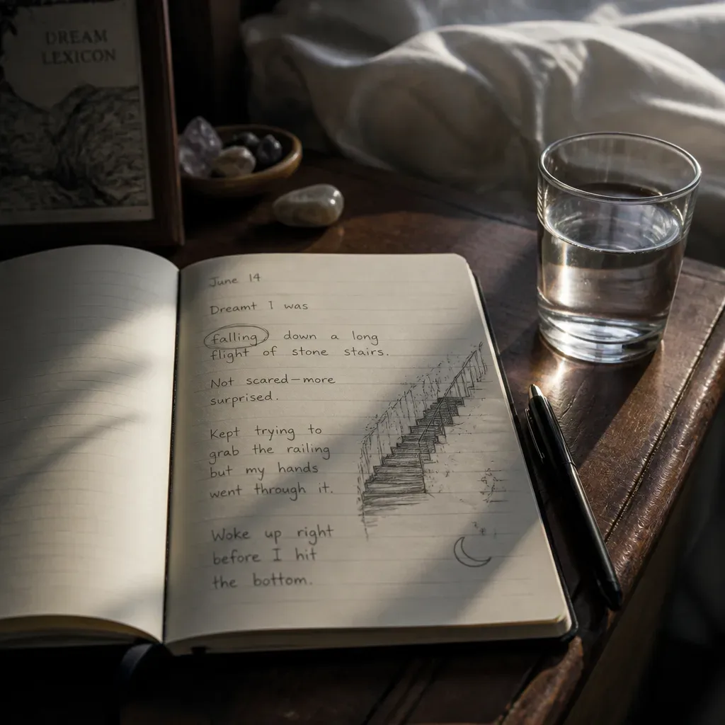 Morning dream journal with falling dream note