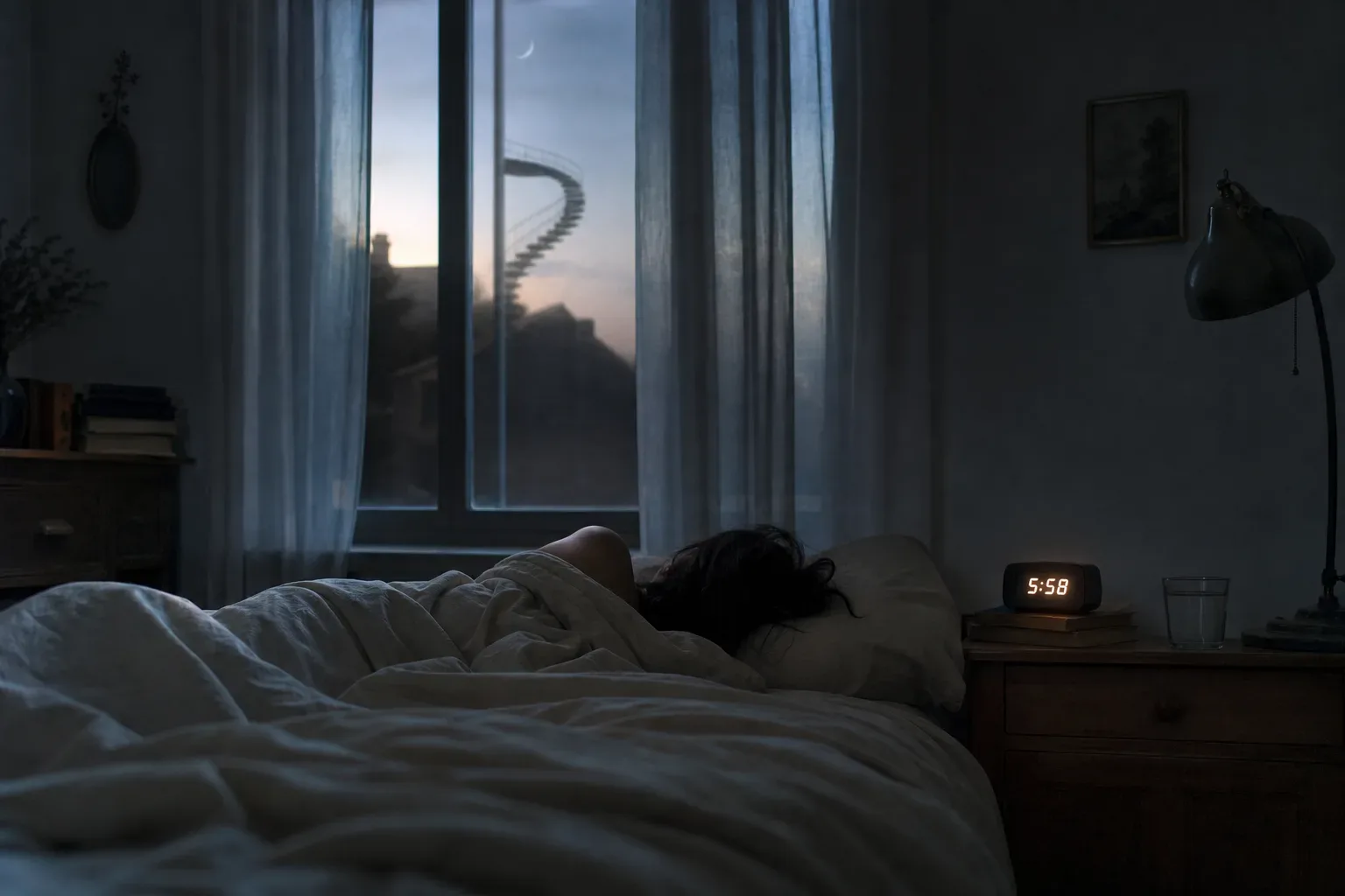 Sleeper beside alarm clock in dim morning light