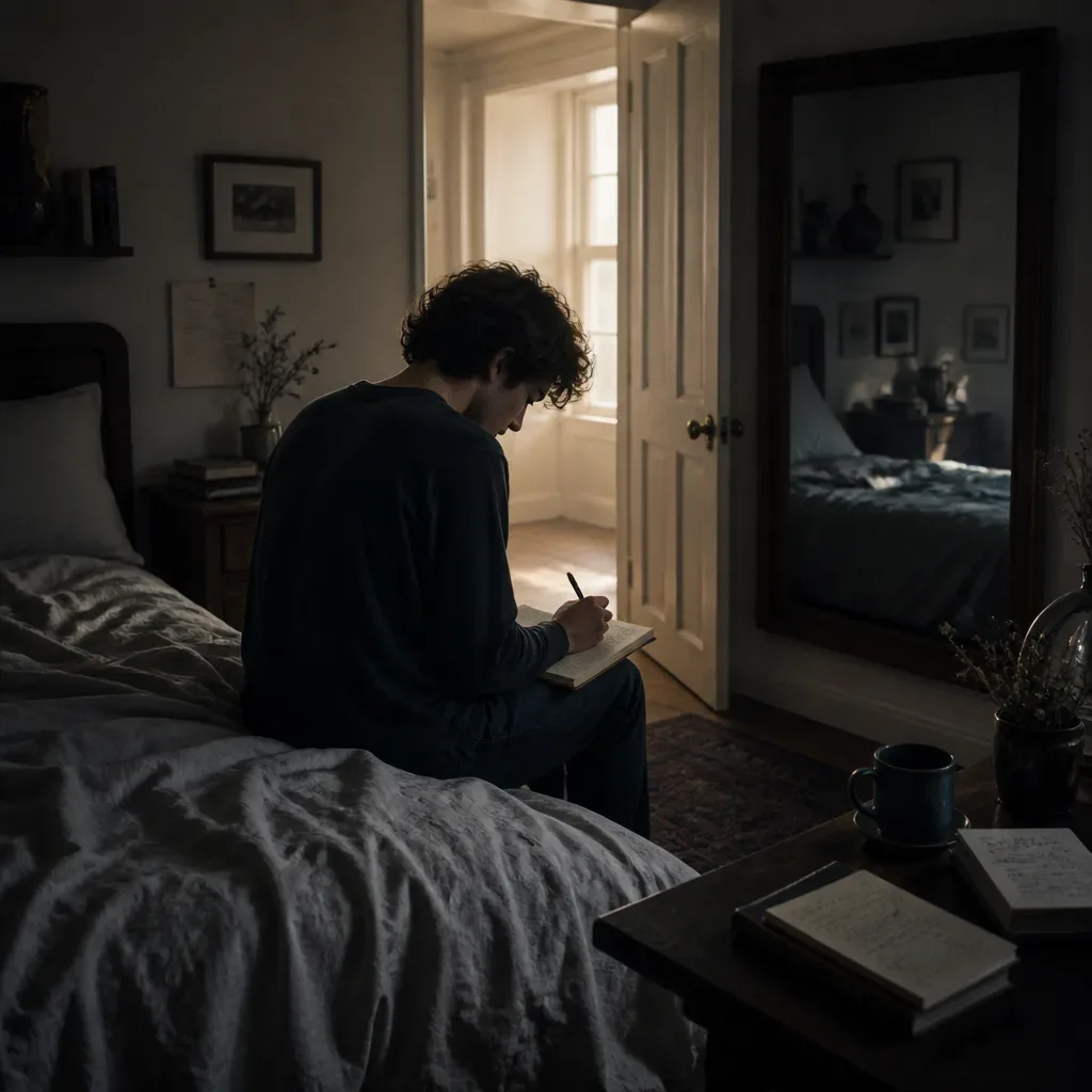 Person writing dream notes beside morning doorway