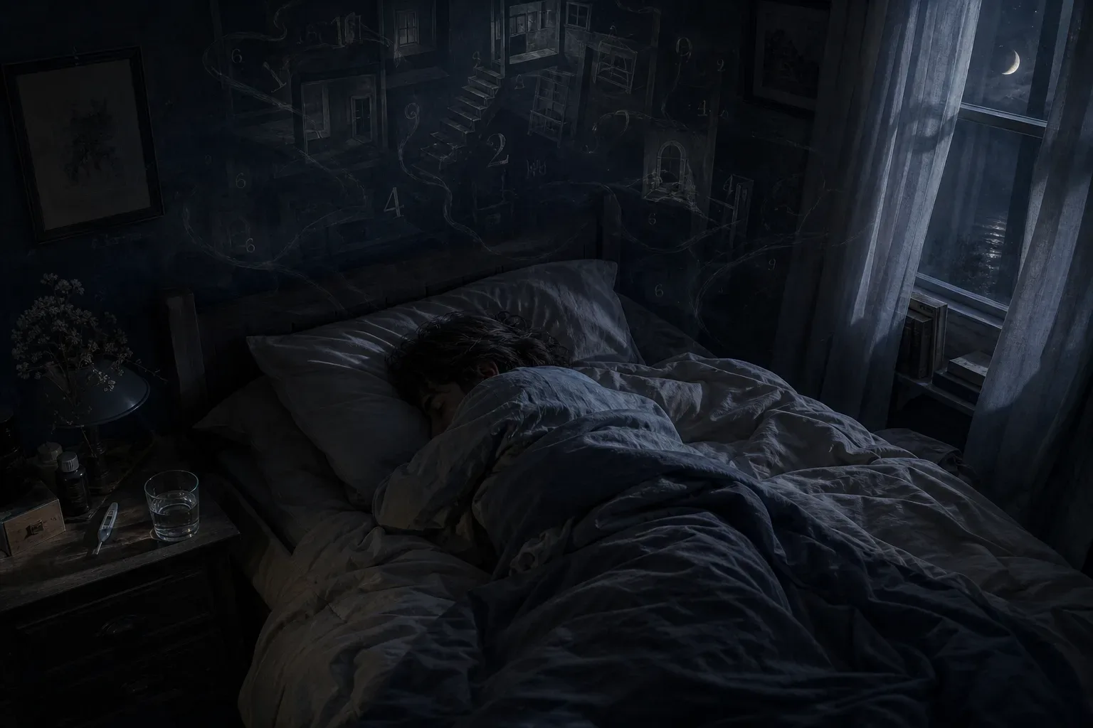 Restless sleeper under moonlit blankets with thermometer nearby