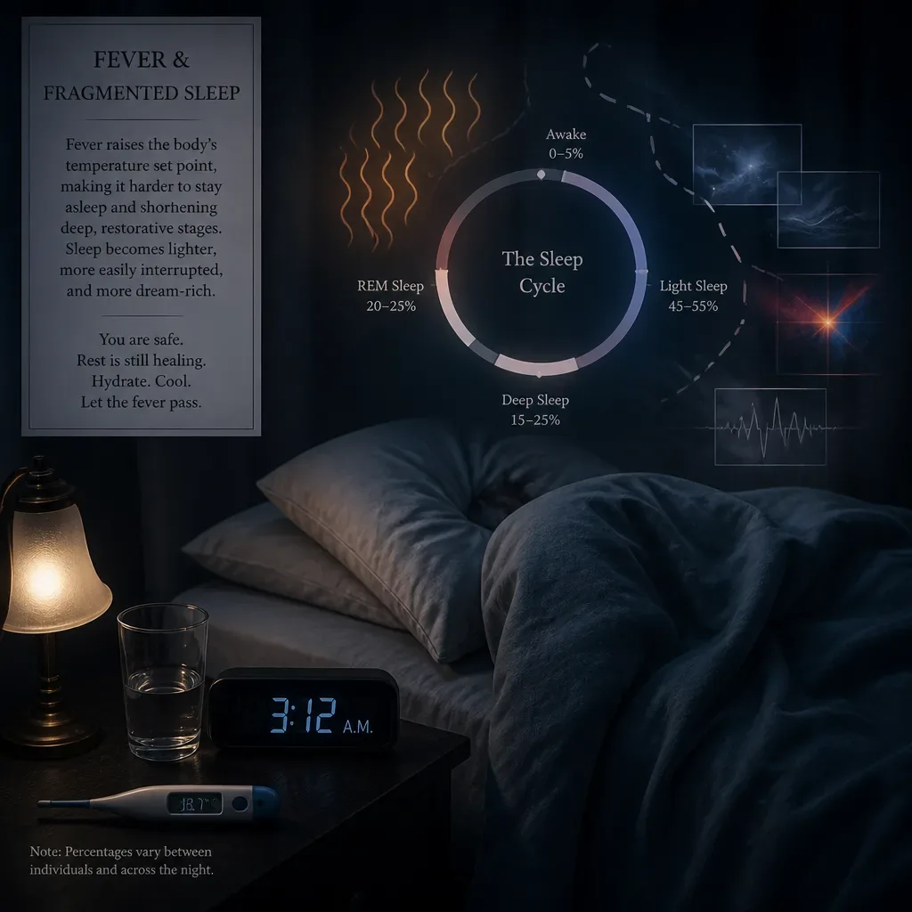 Sleep cycle diagram hovering beside feverish sleeper