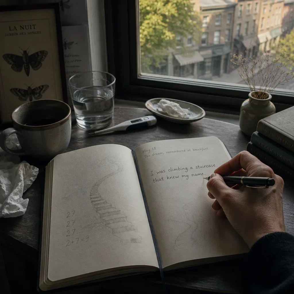 Notebook with fever dream notes beside water glass