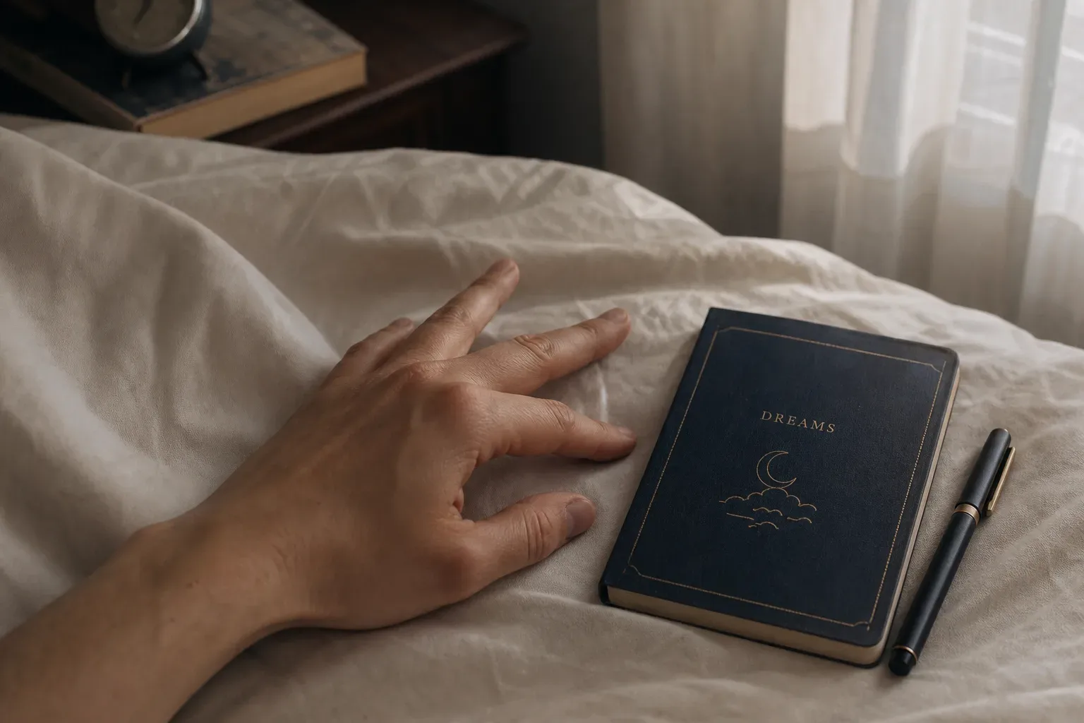 Hand resting beside a notebook in soft morning light