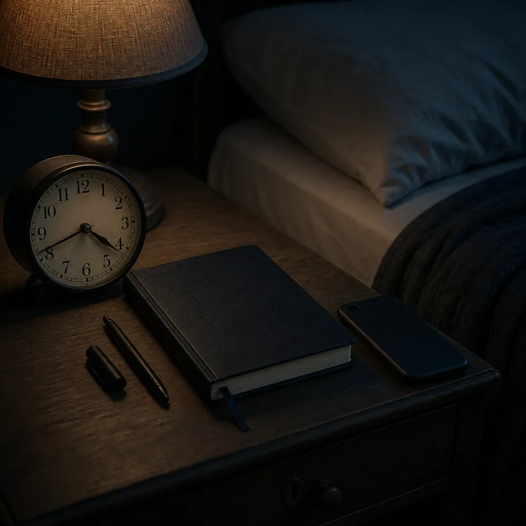 Bedside notebook and clock prepared for lucid dreaming