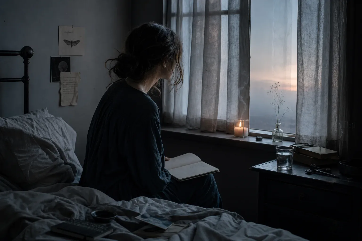 person watching a small fire in darkness